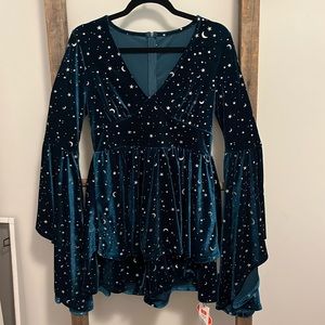 Celestial embroidered velvet bell sleeve romper